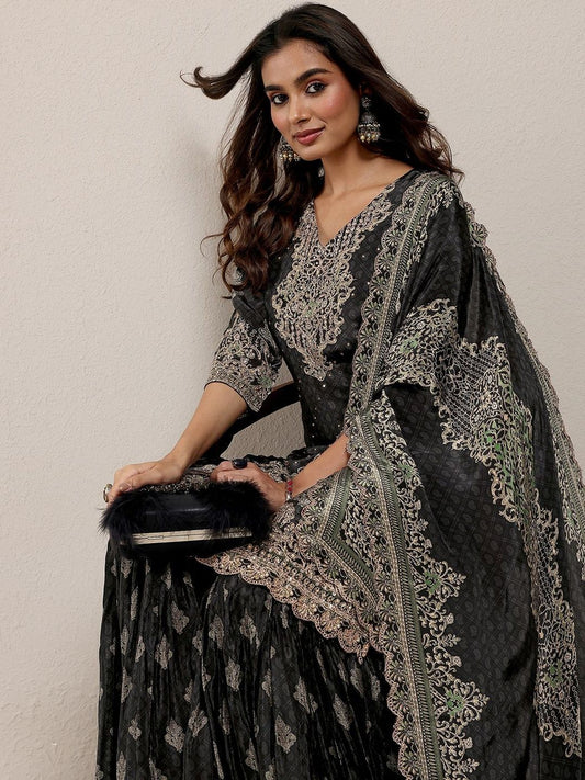 Dhiyona LL Women Ethnic Motifs Printed Regular Thread Work Silk Crepe Kurta with Sharara & With Dupatta