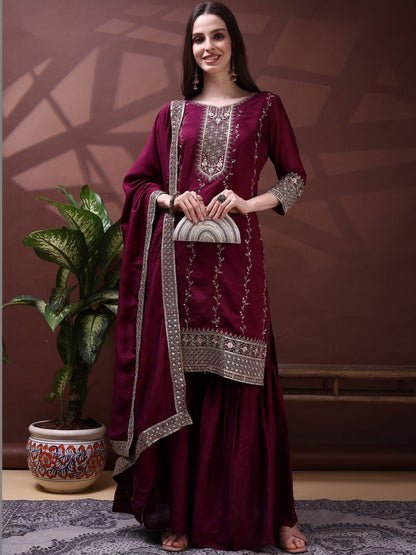 Dhiyona SN Embroidered Round Neck Kurta & Sharara With Dupatta