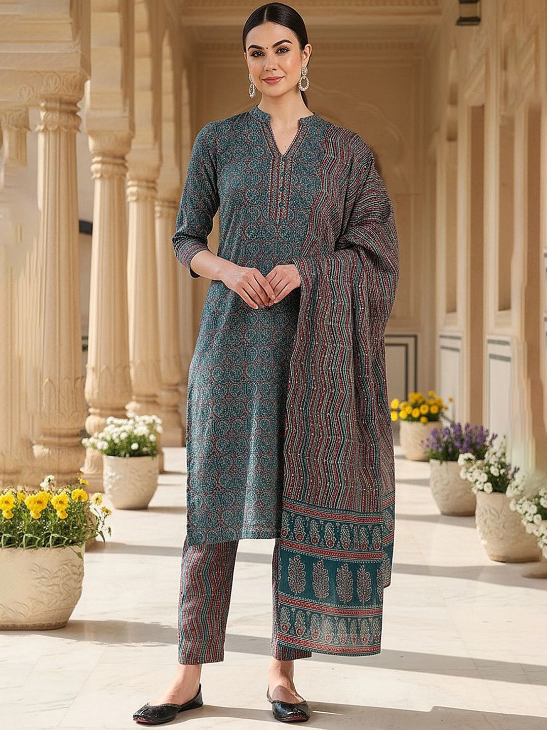 Dhiyona KL Ethnic Motifs Printed Mandarin Collar Kurta With Trousers & Dupatta