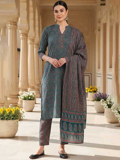 Dhiyona KL Ethnic Motifs Printed Mandarin Collar Kurta With Trousers & Dupatta