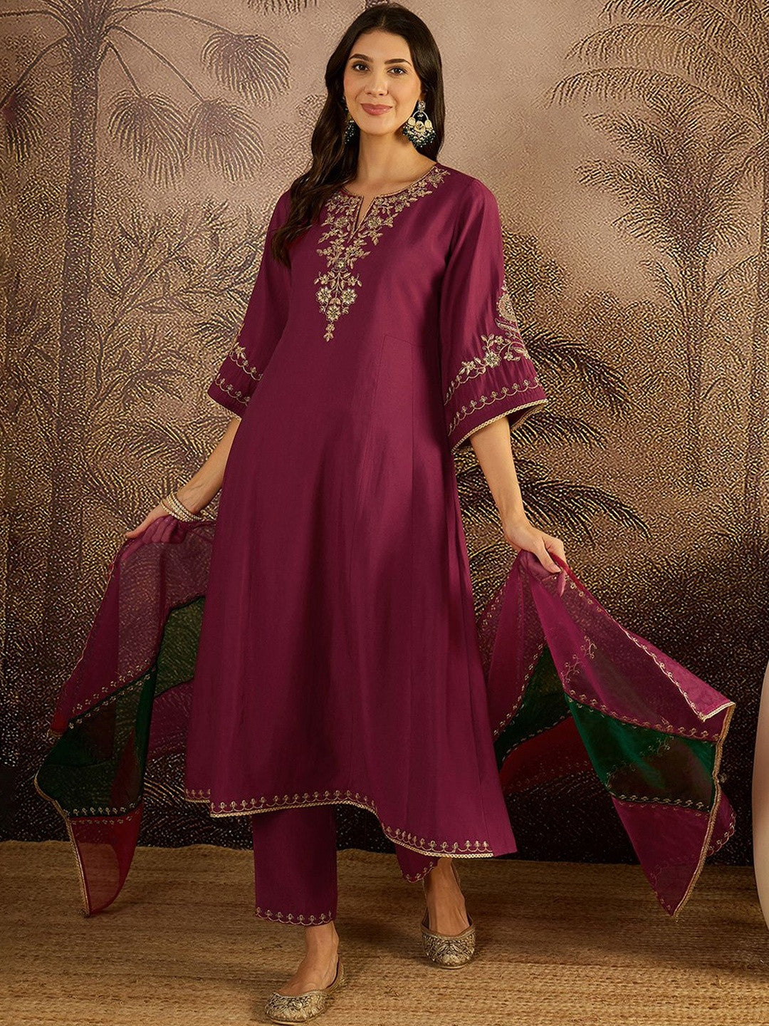 Zari Sequence Thread Embroidered A-Line Kurta & Trousers With Dupatta