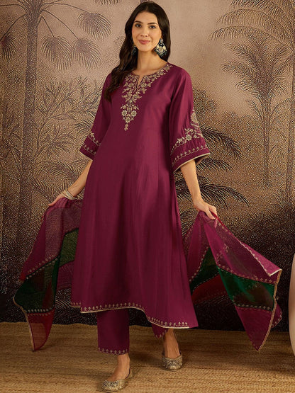 Zari Sequence Thread Embroidered A-Line Kurta & Trousers With Dupatta