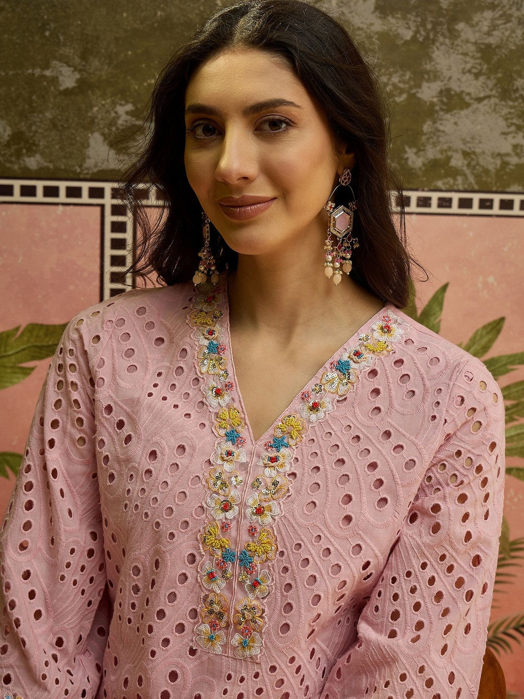 Embroidered Pure Cotton V-Neck Kurti & Trousers