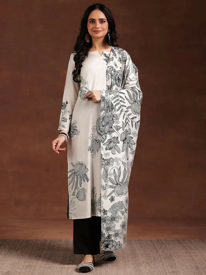 Women's LB Monochrome Printed Silk Blend Straight Suit With Dupatta