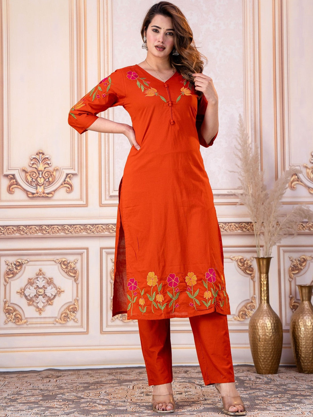 Embroidered Pure Cotton V-Neck Kurta & Trousers With Dupatta