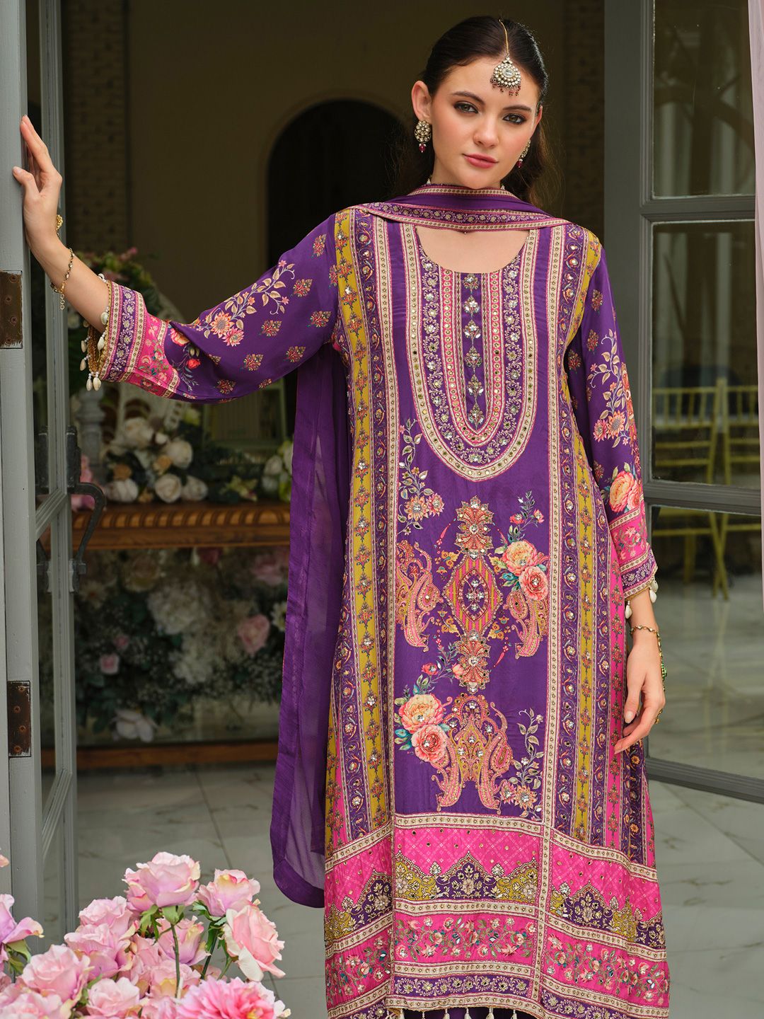 Dhiyona IE Ethnic Motifs Printed Round Neck Mirror Work Silk Kurta With Palazzos & Dupatta