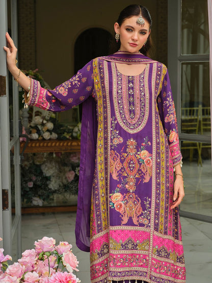 Dhiyona IE Ethnic Motifs Printed Round Neck Mirror Work Silk Kurta With Palazzos & Dupatta