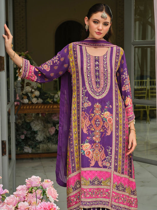 Dhiyona IE Ethnic Motifs Printed Round Neck Mirror Work Silk Kurta With Palazzos & Dupatta