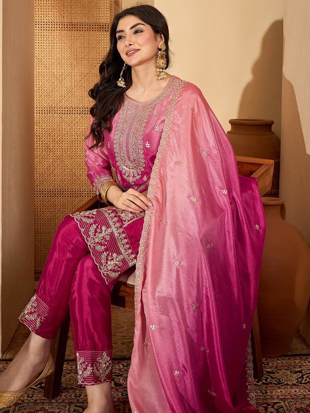 Women Floral Embroidered Kurta with Pyjamas & Dupatta