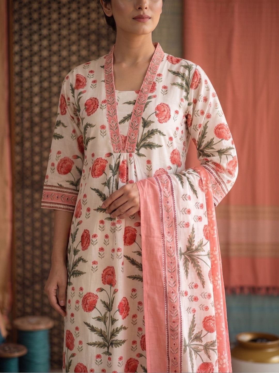 Embroidered Pure Cotton U-Neck Kurta With Palazzos With Dupatta