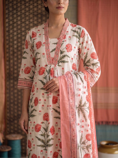 Embroidered Pure Cotton U-Neck Kurta With Palazzos With Dupatta