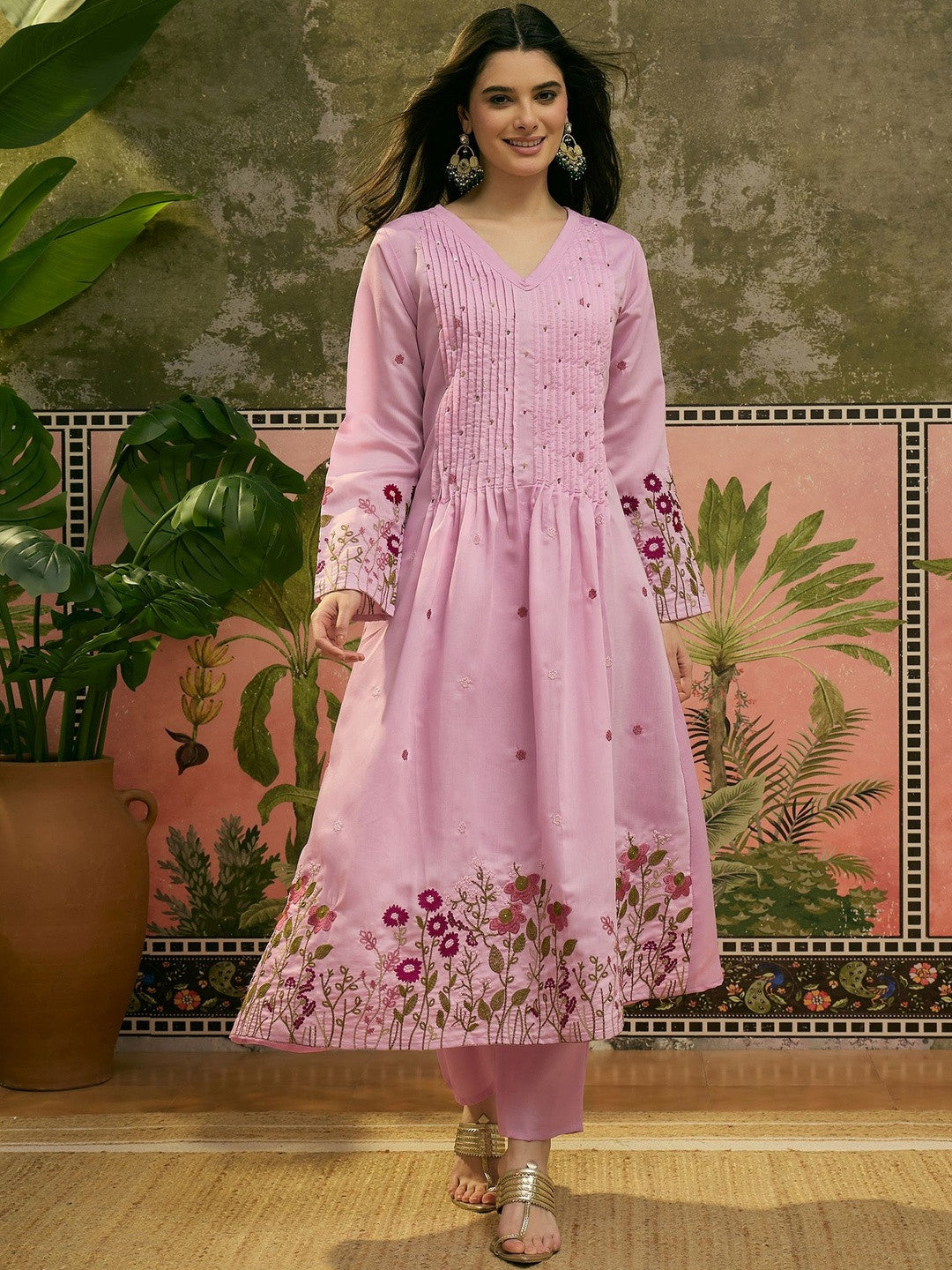 Embroidered V-Neck Kurta & Trousers with Dupatta Set
