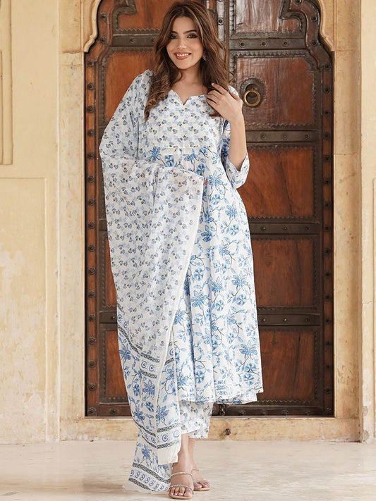 Dhiyona KL Floral Printed Notch Neck Pure Cotton Straight Kurta with Trouser & Dupatta