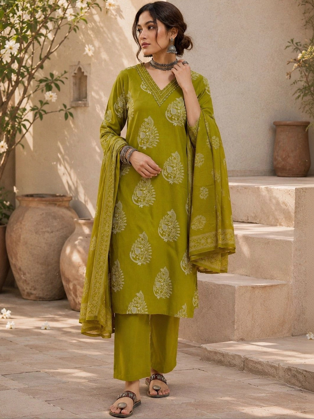 Women Ethnic Motifs Printed Regular Pure Cotton Kurta with Palazzos & With Dupatta