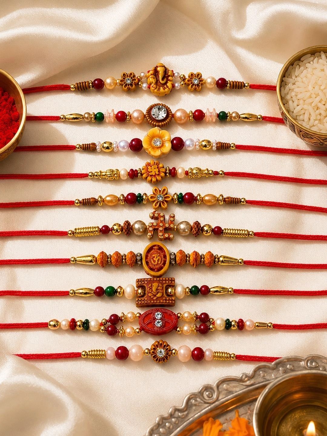 Dhiyona Set Of 10 Artificial Stones & Beads Thread Rakhi With Roli Chawal Chandan Mishri