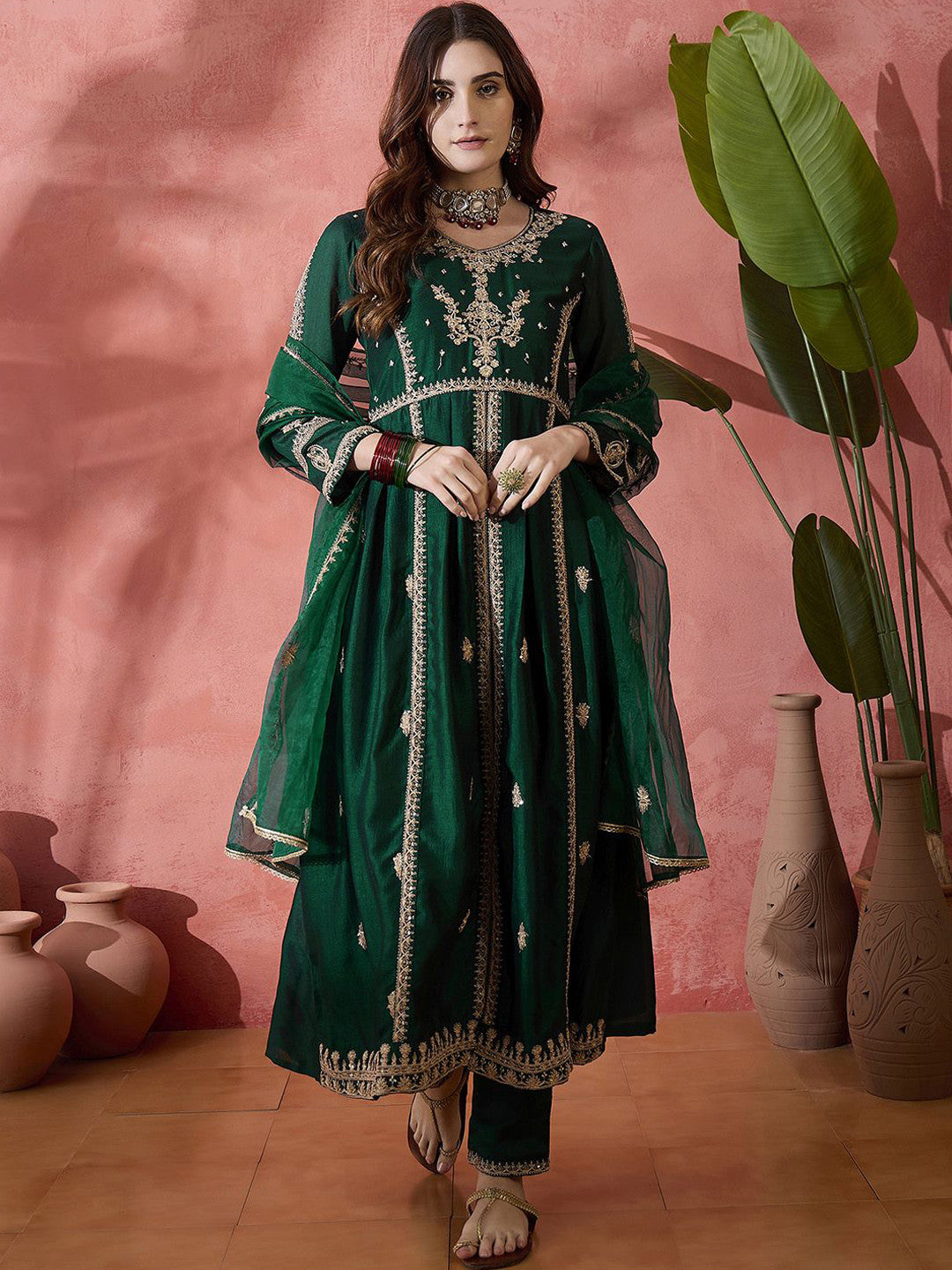 Dhiyona SN Green Floral Embroidered Panelled Zari A-Line Kurta With Trousers And Dupatta