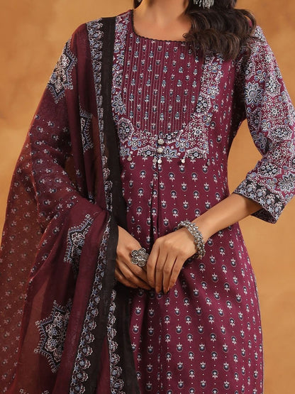 Women Ethnic Motifs Printed Regular Thread Work Pure Cotton Kurta with Trousers & With Dupatta