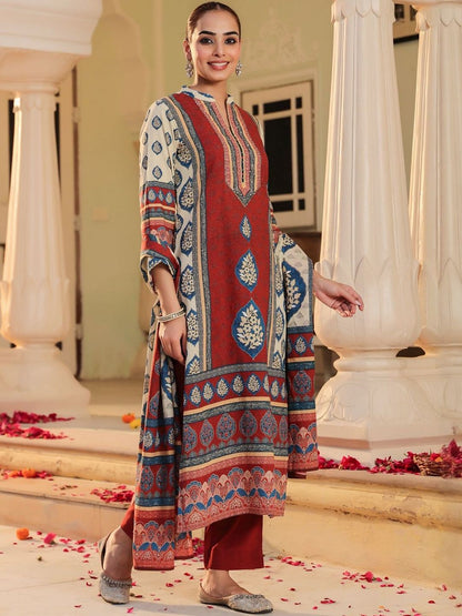 Dhiyona RR Women's Floral Printed Mandarin Collar Muslin Kurta With Trousers & Dupatta