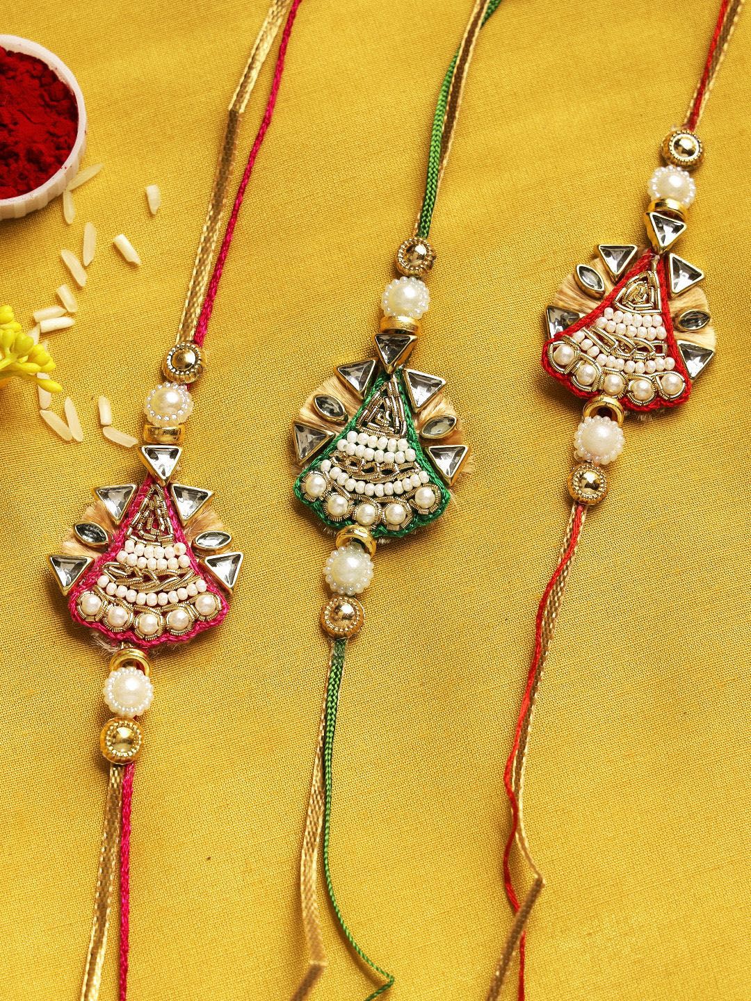 Dhiyona Red Set Of 3 Beaded & Embellished Thread Rakhi With Roli Chawal & Greeting Card