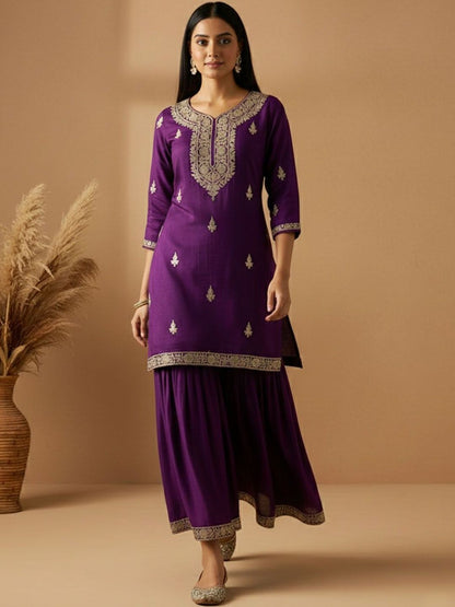 Dhiyona AN Women Ethnic Motifs Embroidered Regular Thread Work Kurta with Sharara & With Dupatta