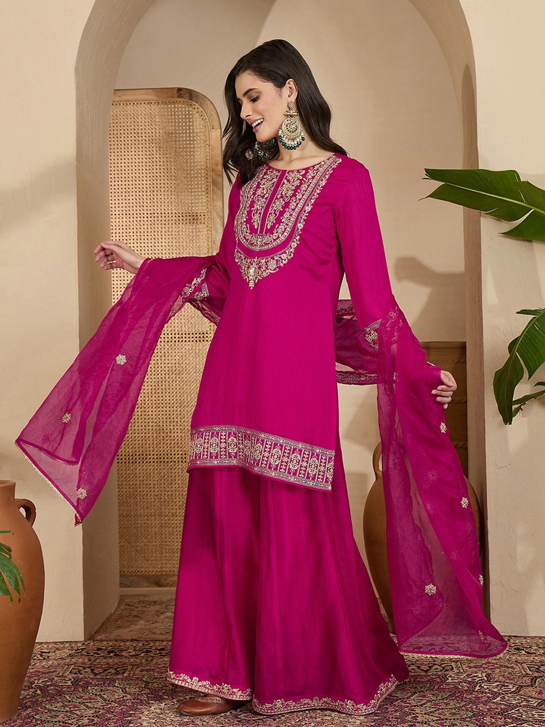 Dhiyona SN Embroidered Sequinned Vichitra Kurta With Palazzo And Dupatta