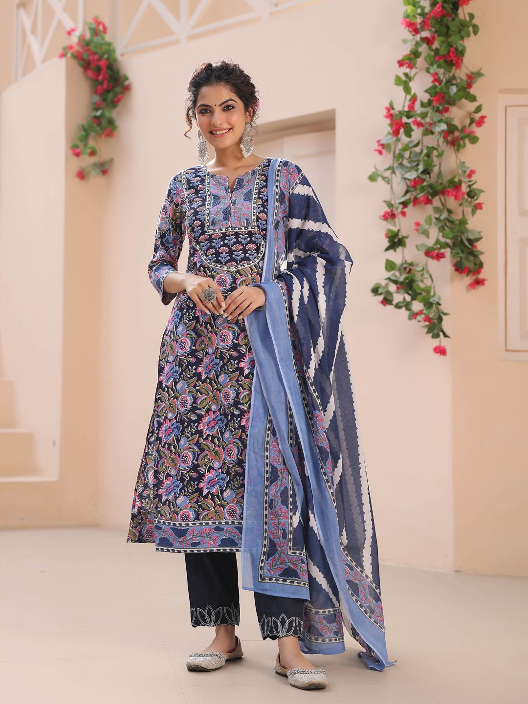 Dhiyona RR Women's Floral Printed Regular Pure Cotton Kurta with Trousers & With Dupatta