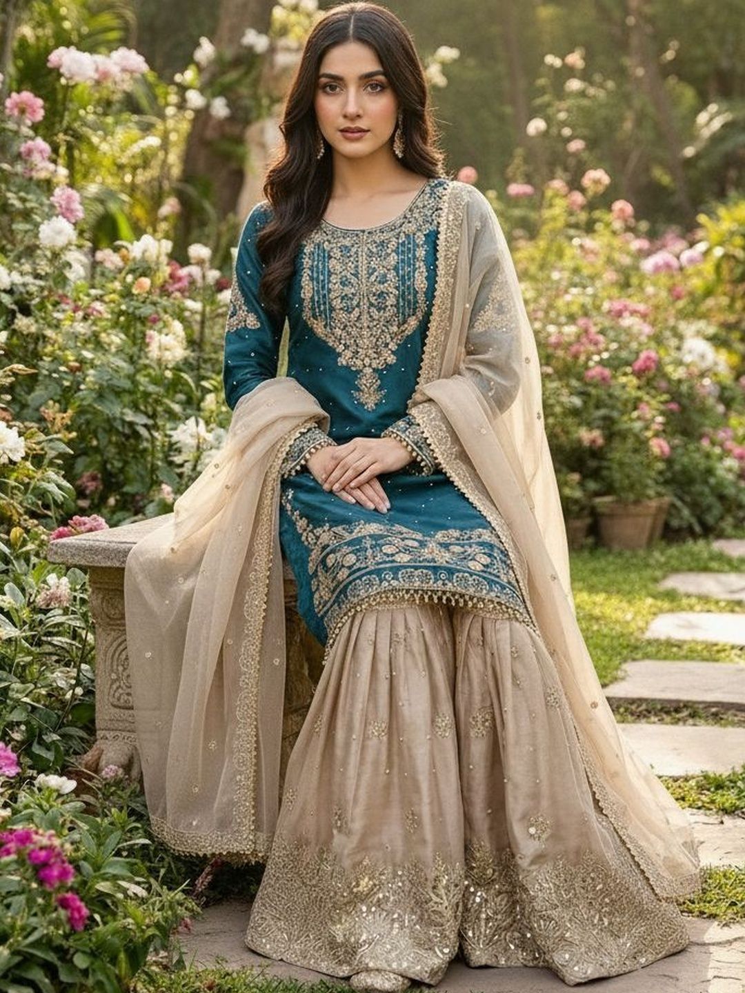 Dhiyona KL Women Floral Embroidered Regular Thread Work Kurta with Sharara & With Dupatta