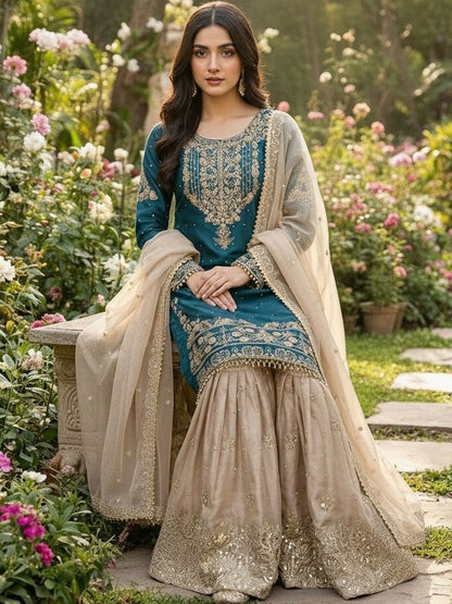 Dhiyona KL Women Floral Embroidered Regular Thread Work Kurta with Sharara & With Dupatta