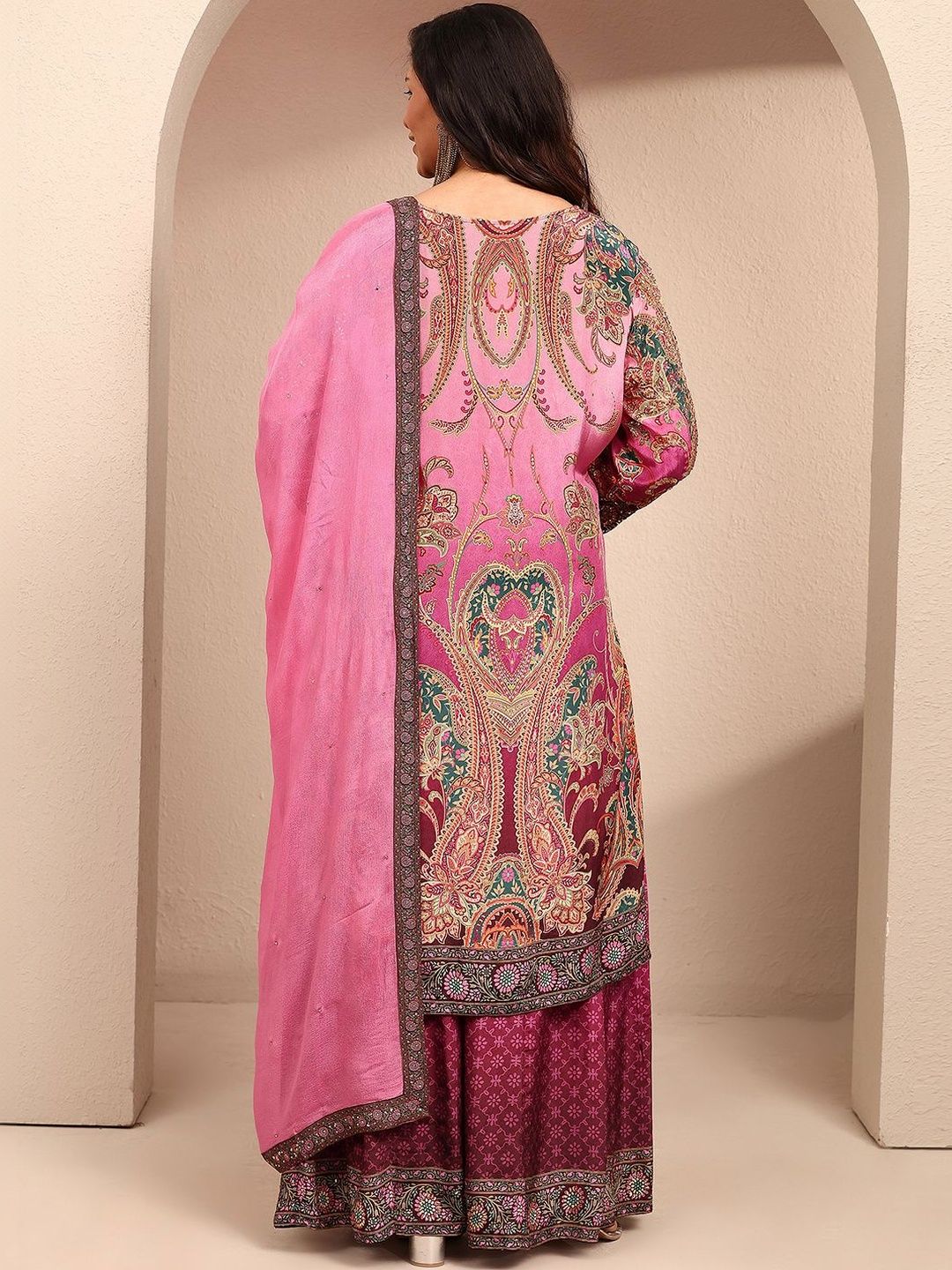 Dhiyona Women's Ethnic Motifs Printed Regular Thread Work Silk Crepe Kurta with Palazzos & With