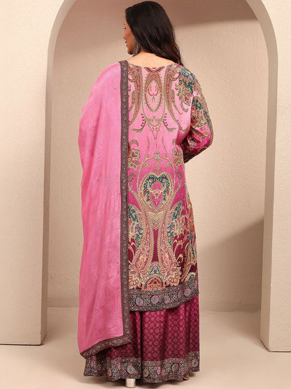 Dhiyona Women's Ethnic Motifs Printed Regular Thread Work Silk Crepe Kurta with Palazzos & With