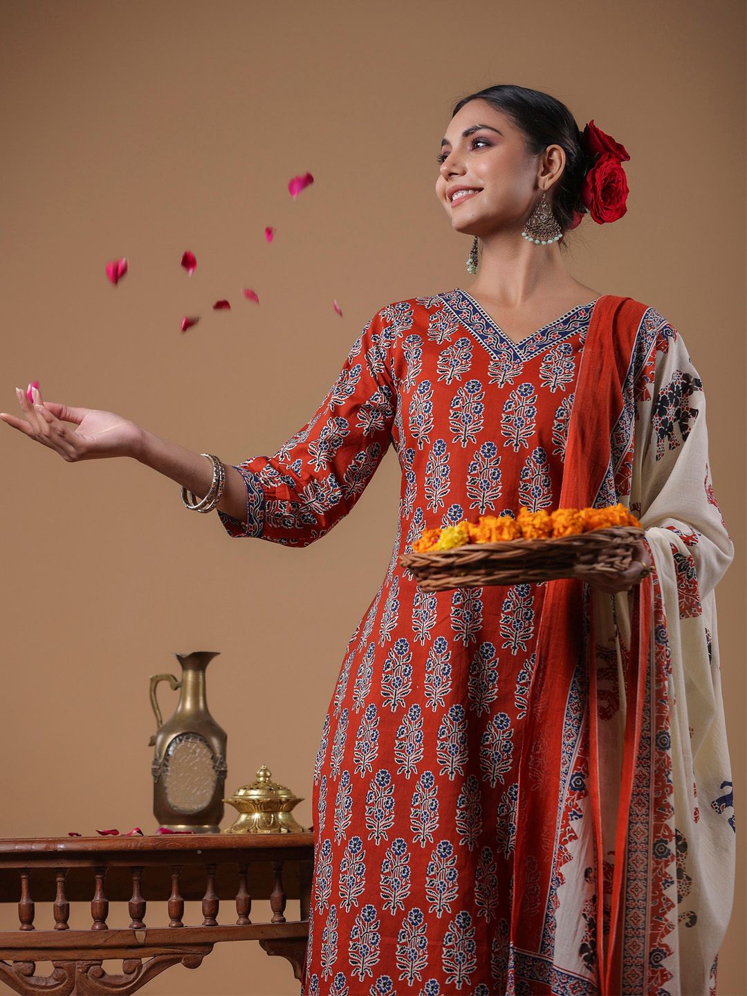 Dhiyona IE Women Rust Ethnic Motifs Printed Regular Pure Cotton Kurta with Trousers & With Dupatta