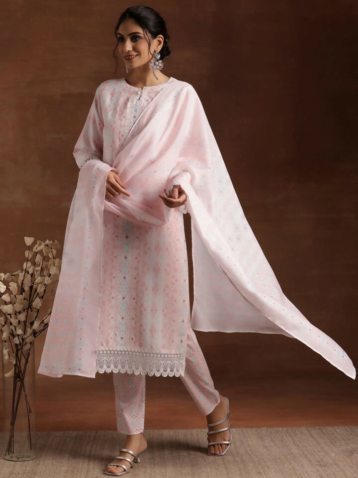 Women's LB Peach Embroidered Cotton Blend Straight Suit With Dupatta