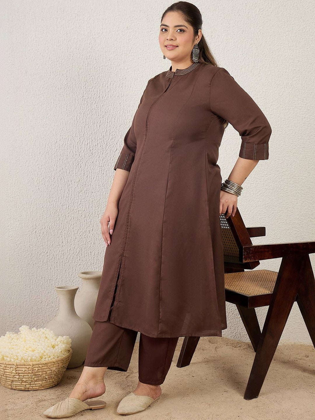 Plus Size Brown Self Design A-Line Kurta Trousers Set