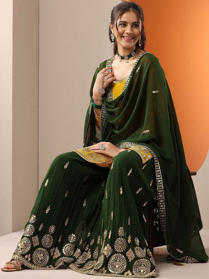 Dhiyona LL Women Ethnic Motifs Embroidered Regular Mirror Work Kurta with Sharara & With Dupatta