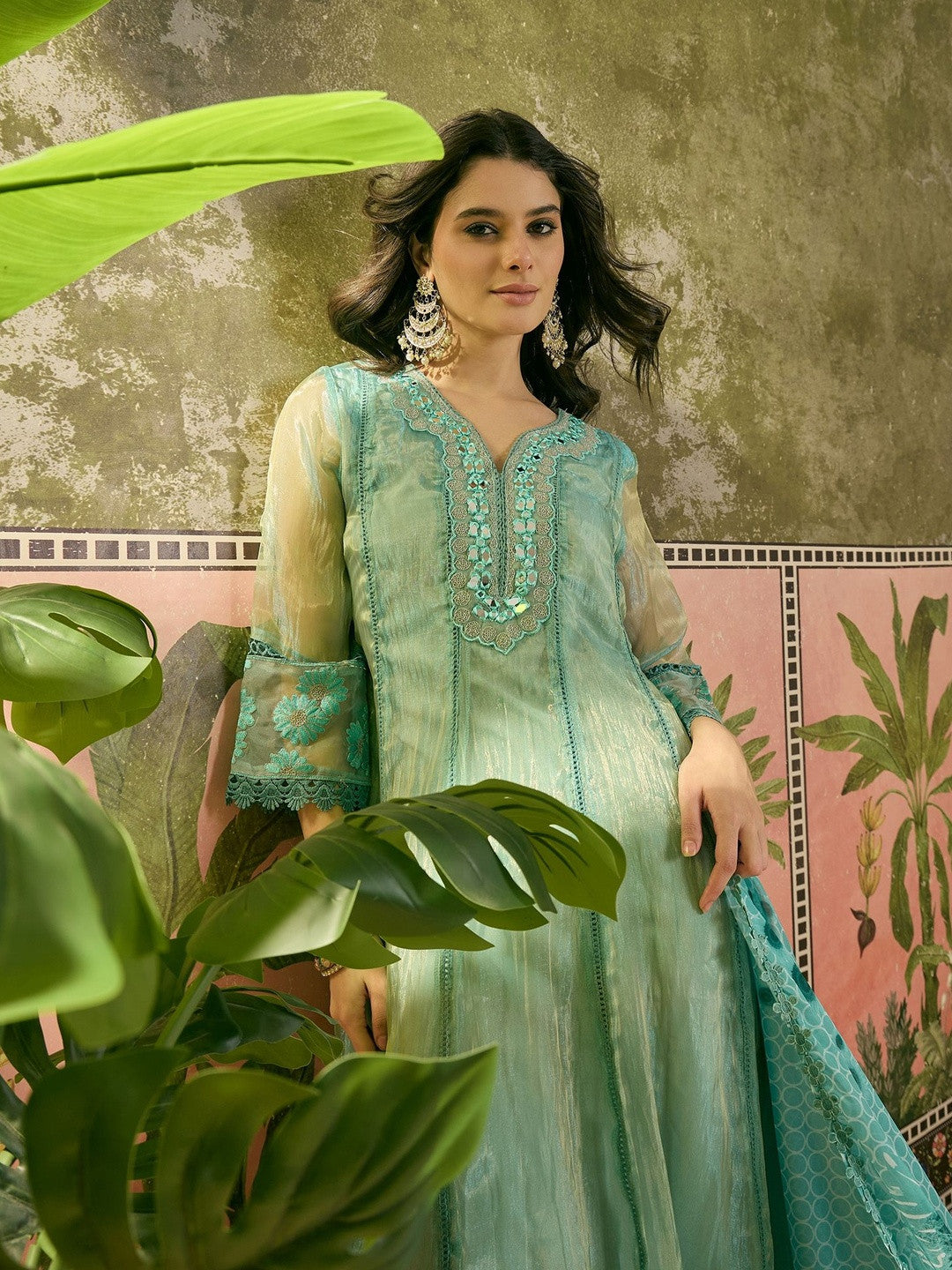 Embroidered V-Neck Kurta Trousers & Dupatta
