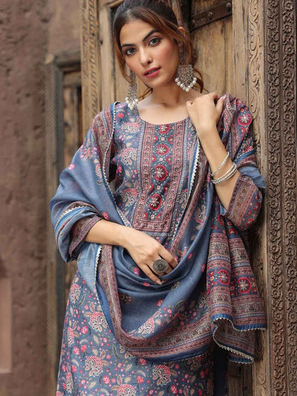 Dhiyona RR Women's Floral Printed Beads And Stones Straight Kurta With Trousers & Dupatta