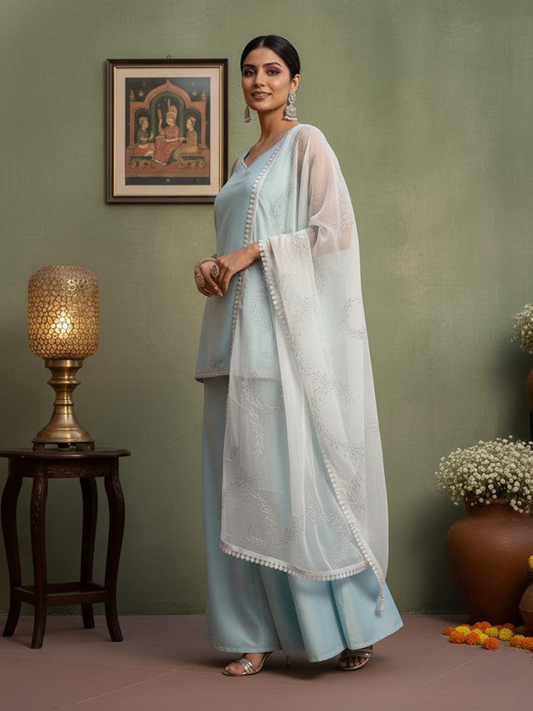 Silk Blend Solid Kurta with Sharara & Duppatta