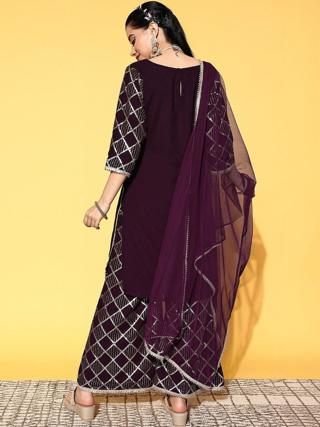 Women Geometric Sequinned Georgette Straight Kurta With Sharara & Dupatta