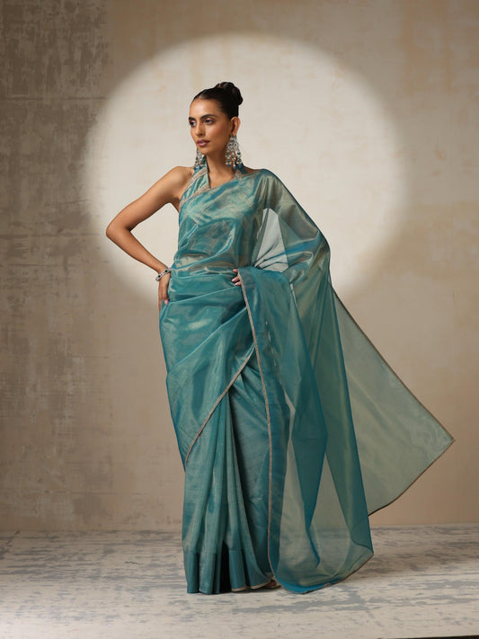 Dhiyona ST Blue Gold Soft Organza Saree with Blouse Fabric and Lace