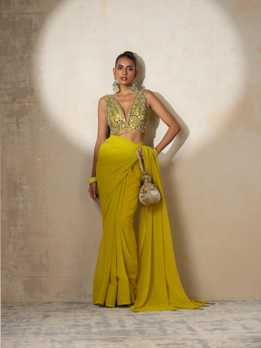 Dhiyona ST Highlighter Chiffon Saree with Mirror Pendants and Blouse Fabric and Mirror Lace