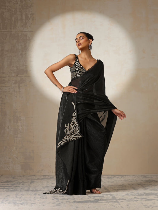 Dhiyona ST Black Metallic Crushed Satin with Bronze Embroidery with Blouse Fabric