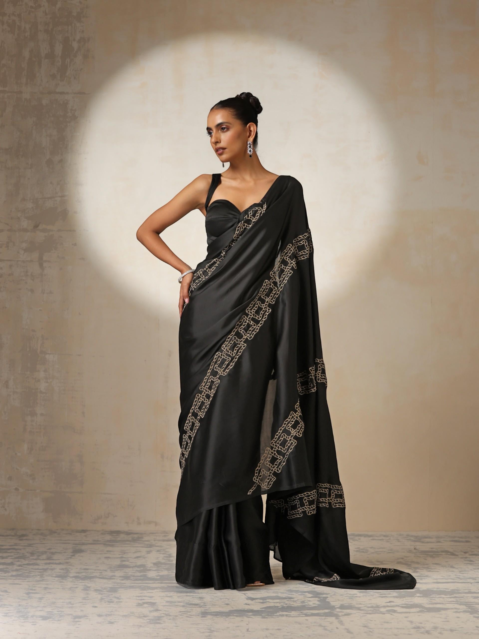 Dhiyona ST Black Satin Saree with Embroidery and Blouse Fabric