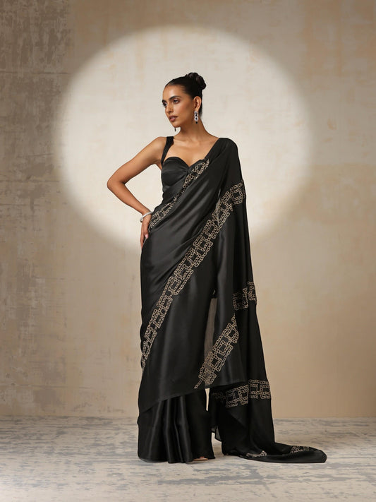 Dhiyona ST Black Satin Saree with Embroidery and Blouse Fabric