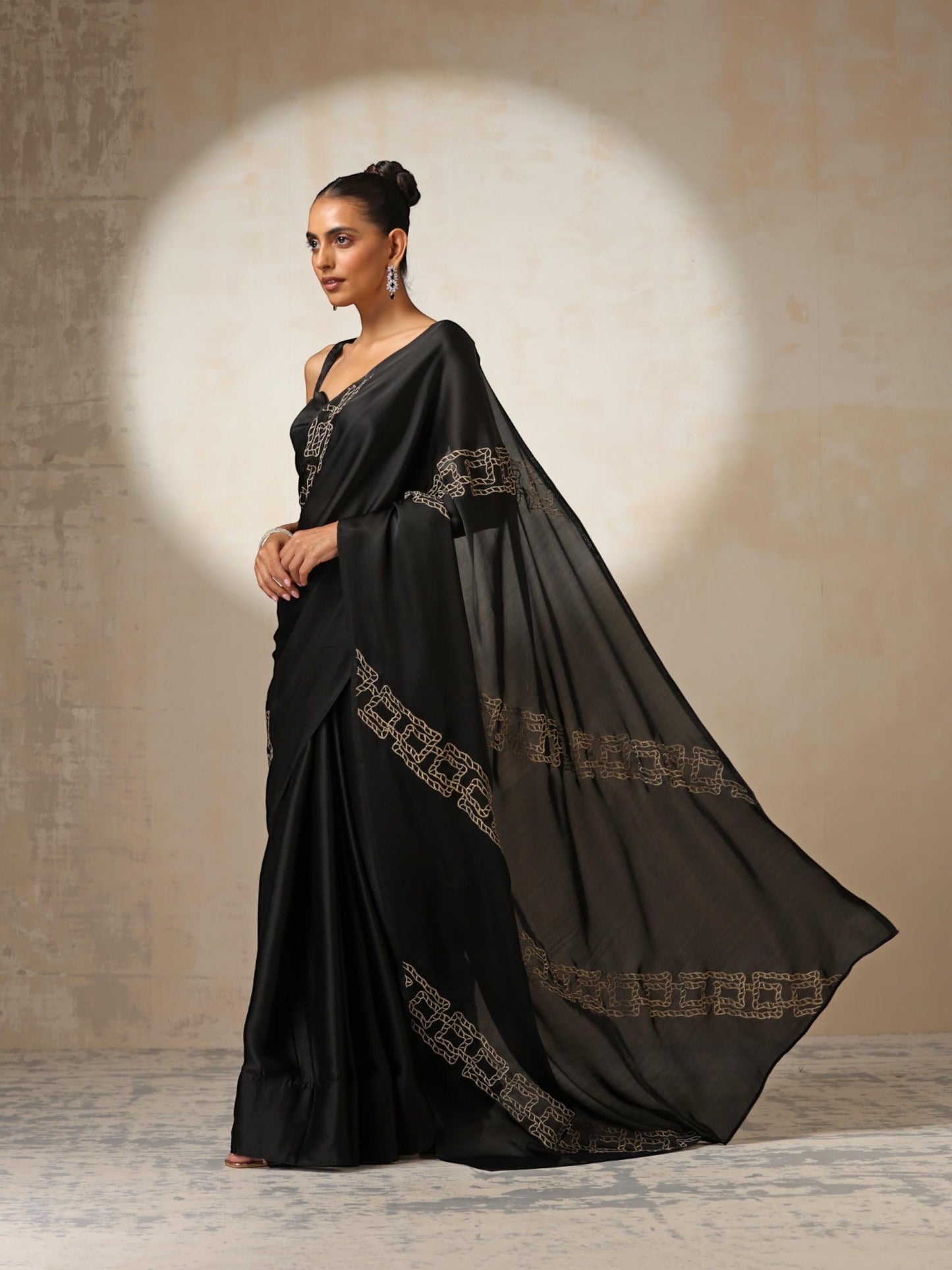 Dhiyona ST Black Satin Saree with Embroidery and Blouse Fabric