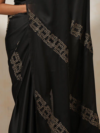 Dhiyona ST Black Satin Saree with Embroidery and Blouse Fabric