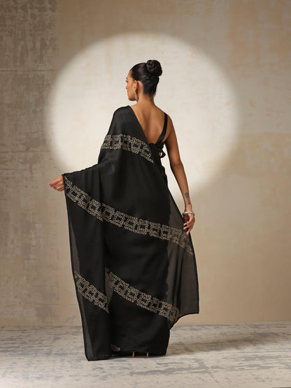 Dhiyona ST Black Satin Saree with Embroidery and Blouse Fabric