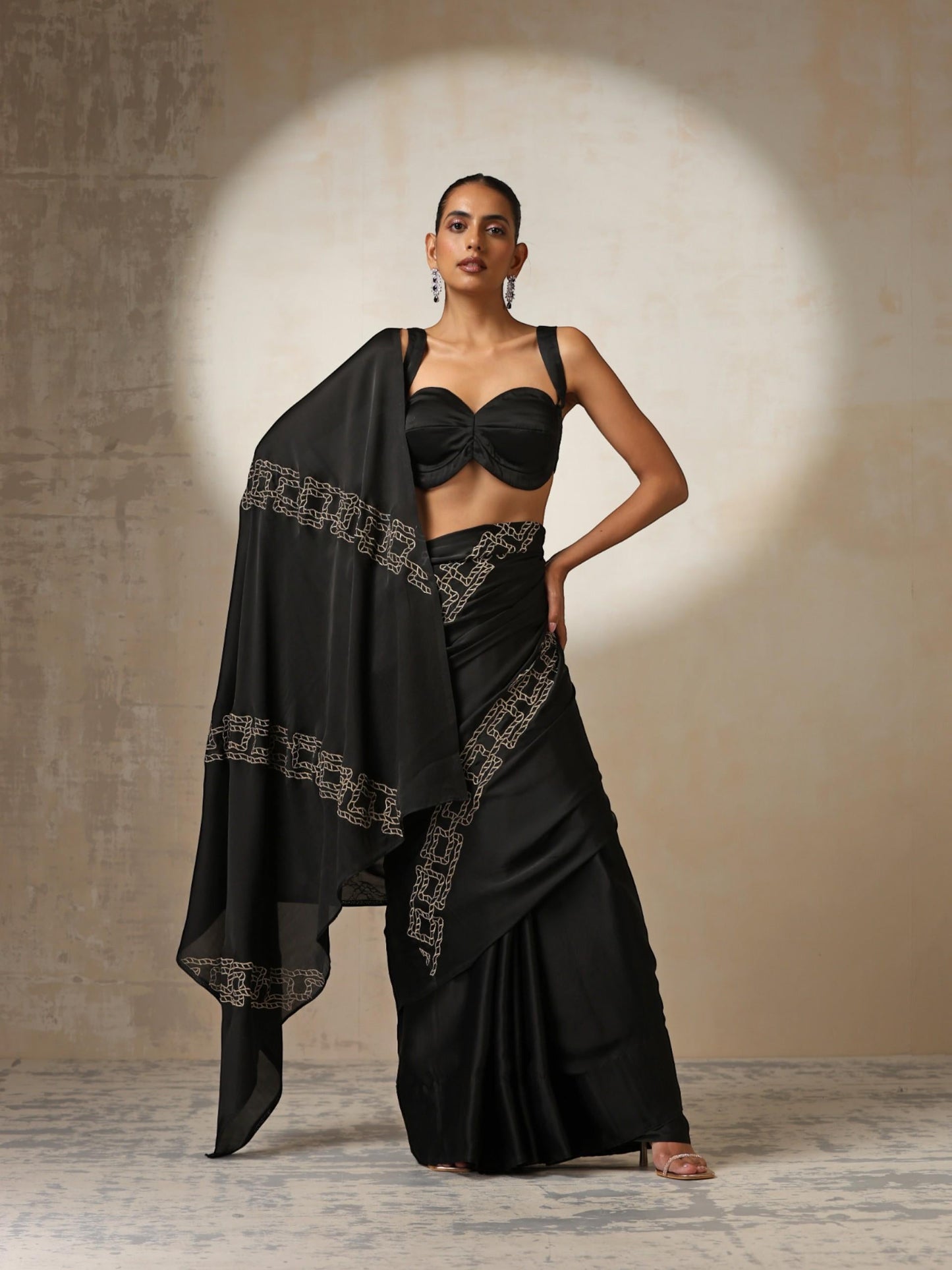 Dhiyona ST Black Satin Saree with Embroidery and Blouse Fabric