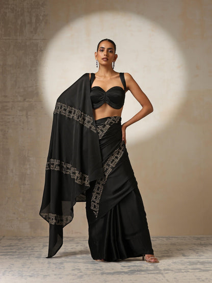 Dhiyona ST Black Satin Saree with Embroidery and Blouse Fabric