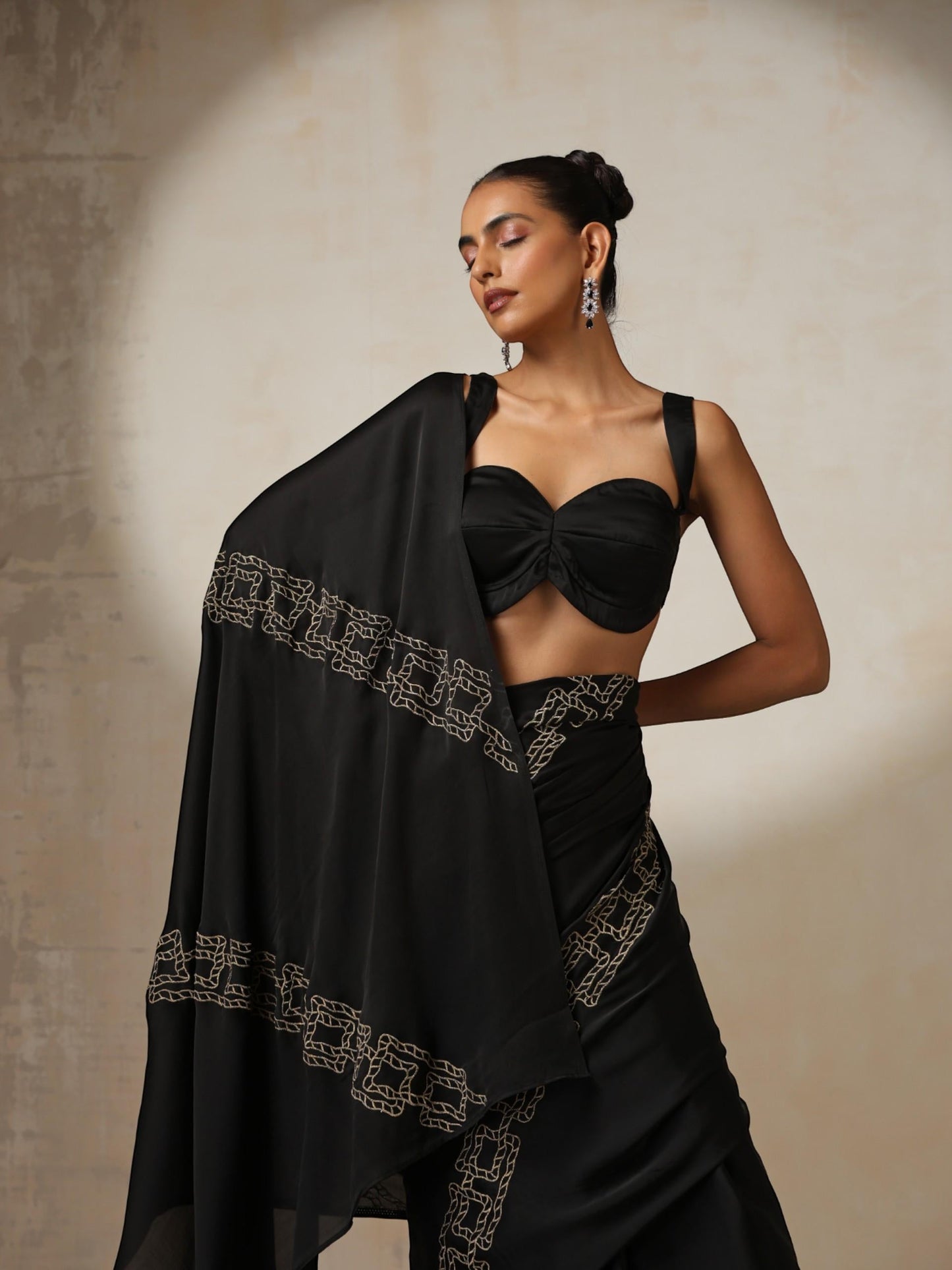 Dhiyona ST Black Satin Saree with Embroidery and Blouse Fabric