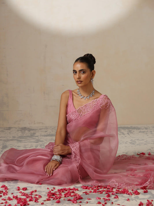Dhiyona ST Pink Disney Princess Organza Saree with Embroidery and Blouse Fabric